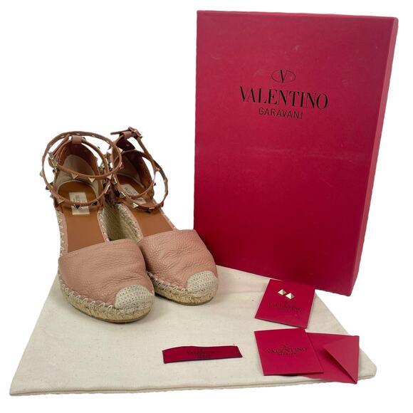 Valentino Garavani Rockstud Double Leather Wedge Espadrille Pink Size 39 - Picture 12 of 12